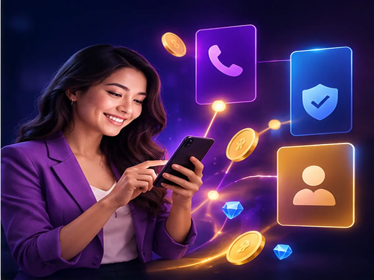 Woman signing up as a Chamet host on her phone, with call, safety and profile icons