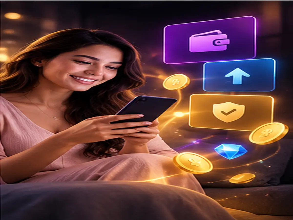 Woman checking a wallet payout on her phone, with withdrawal and security icons