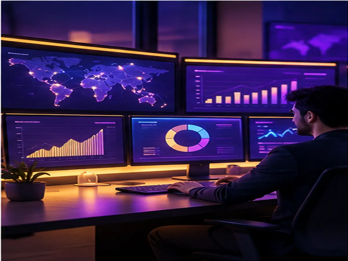 Agency manager reviewing team analytics on several dashboard screens