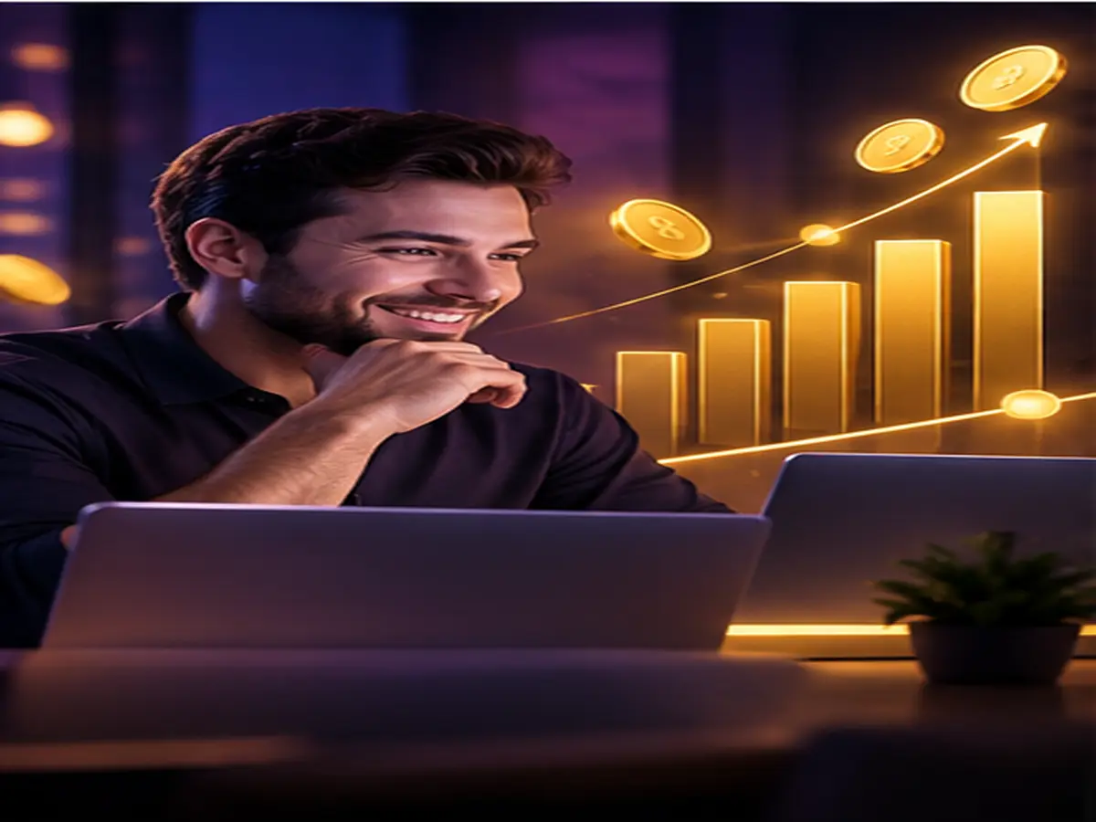 Agent smiling at a laptop with a rising gold earnings chart